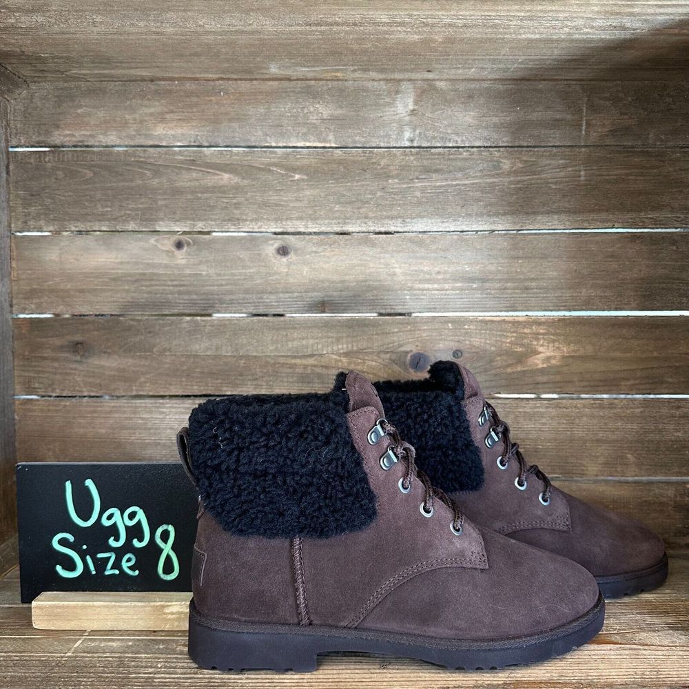 New Womens UGG Romely Brown Suede Shearling Lace Up Ankle Boots Booties Size 8 M